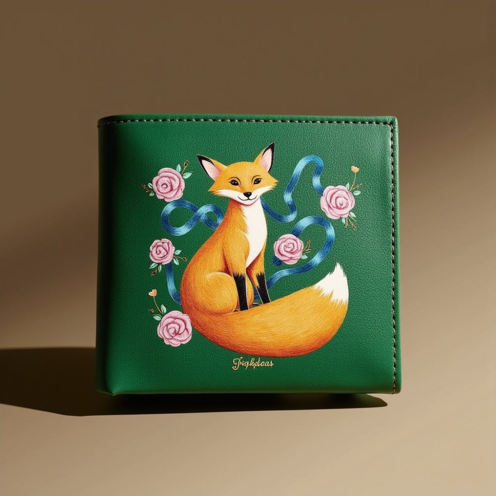 Fox-Themed Leather Wallet with Floral Accents