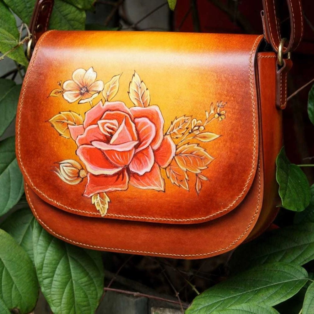 Hand-Painted Leather Shoulder Bag - Floral Elegance with Bee Accent