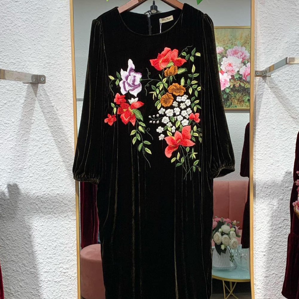 Handmade Velvet Dress with Floral Embroidery