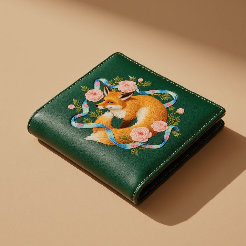 Fox-Themed Leather Wallet with Floral Accents