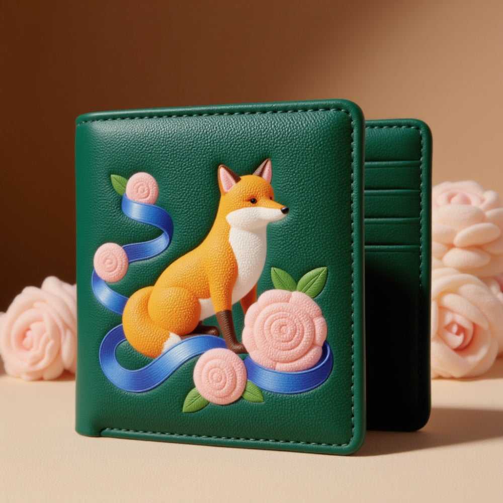 Fox-Themed Leather Wallet with Floral Accents