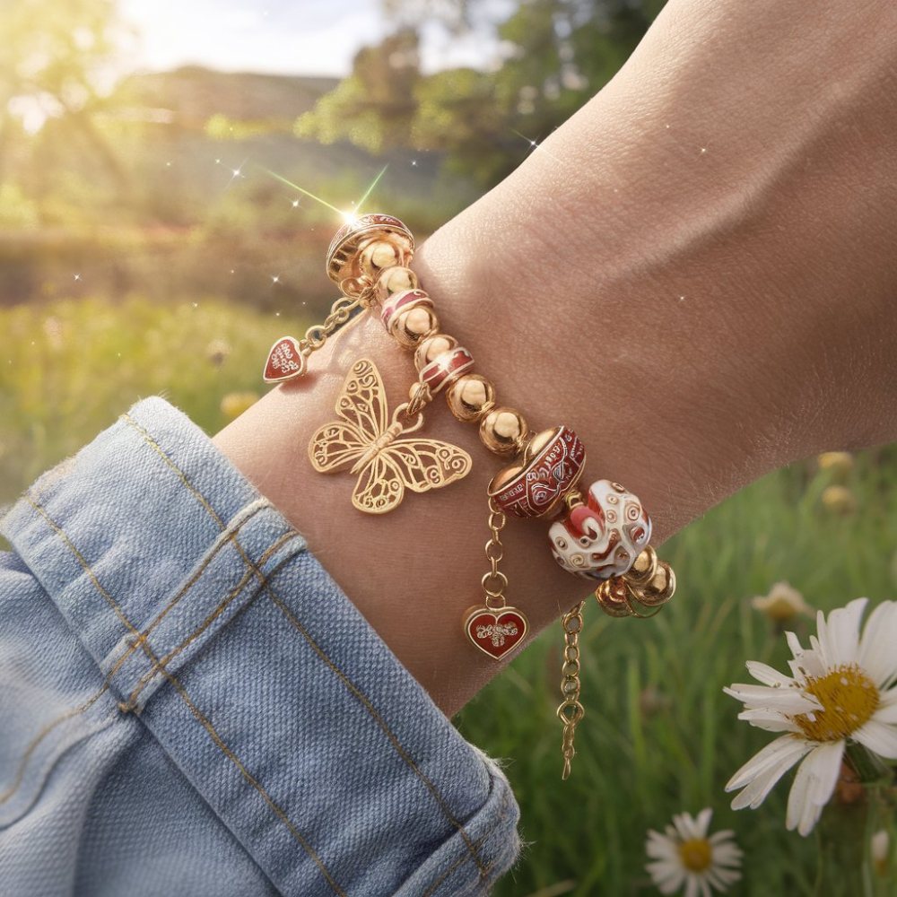 Gold Charm Bracelet with Butterfly & Heart Accents