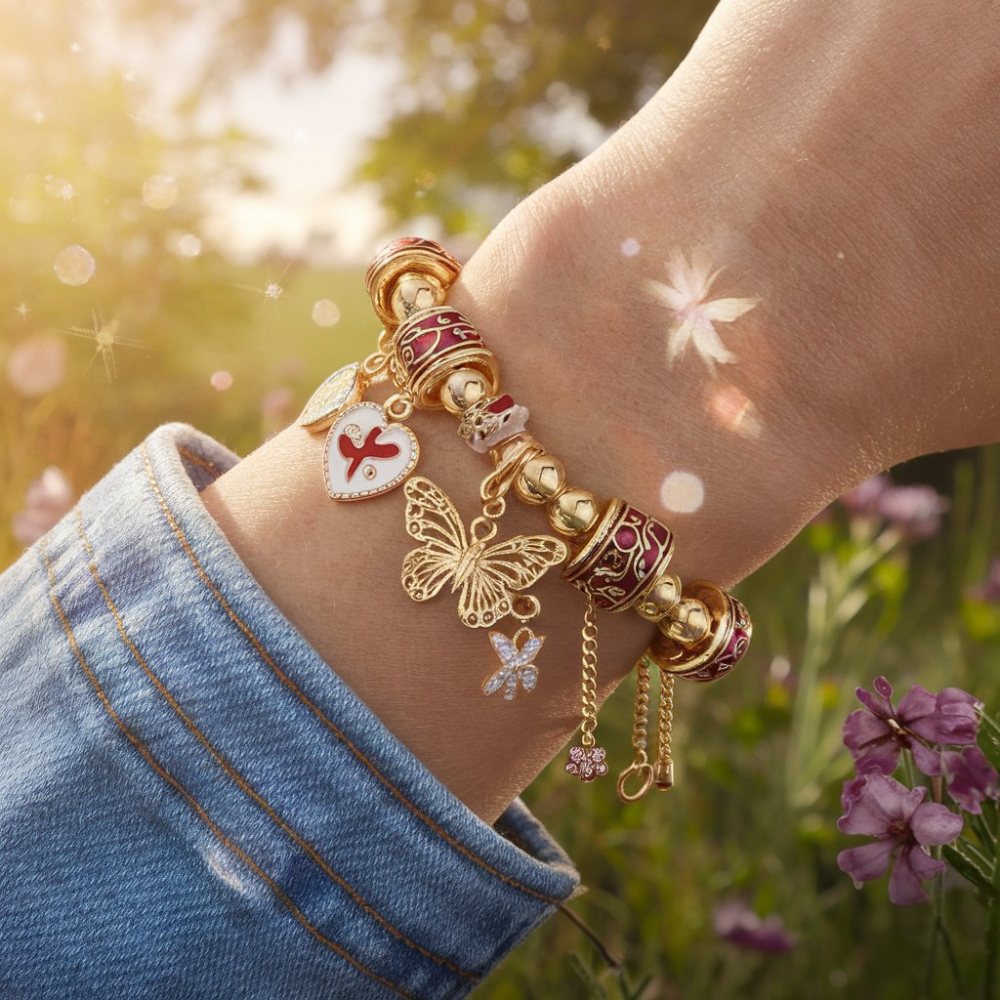 Gold Charm Bracelet with Butterfly & Heart Accents