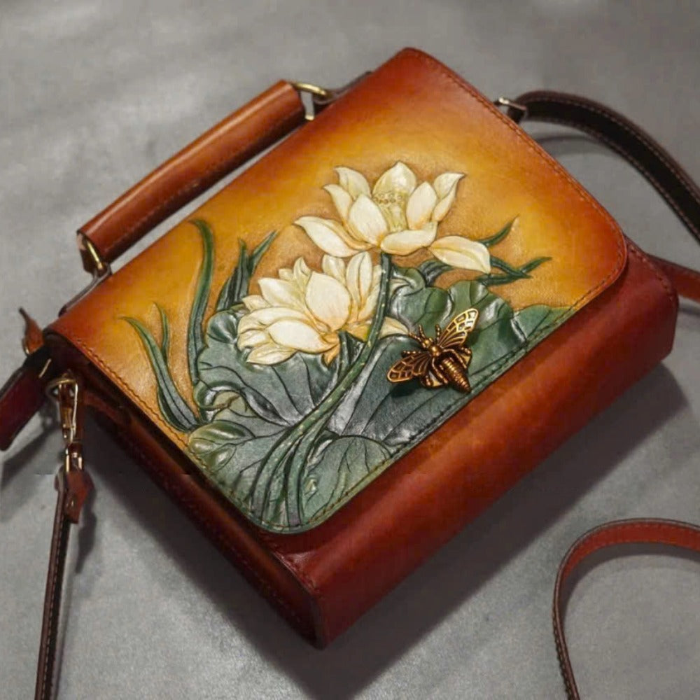 Hand-Carved Leather Handbag - Lotus Blossom & Bee Accent