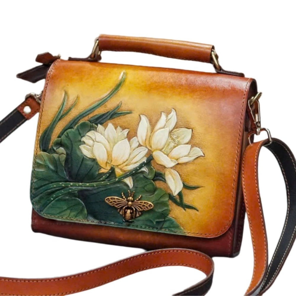 Hand-Carved Leather Handbag - Lotus Blossom & Bee Accent