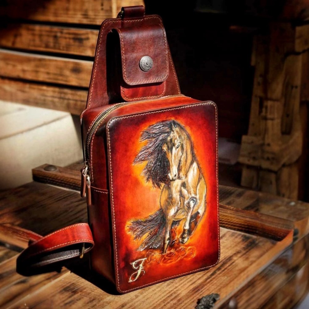 Hand-Carved Leather Sling Bag - Skull & Floral Engraving