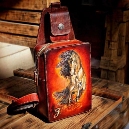 Hand-Carved Leather Sling Bag - Skull & Floral Engraving