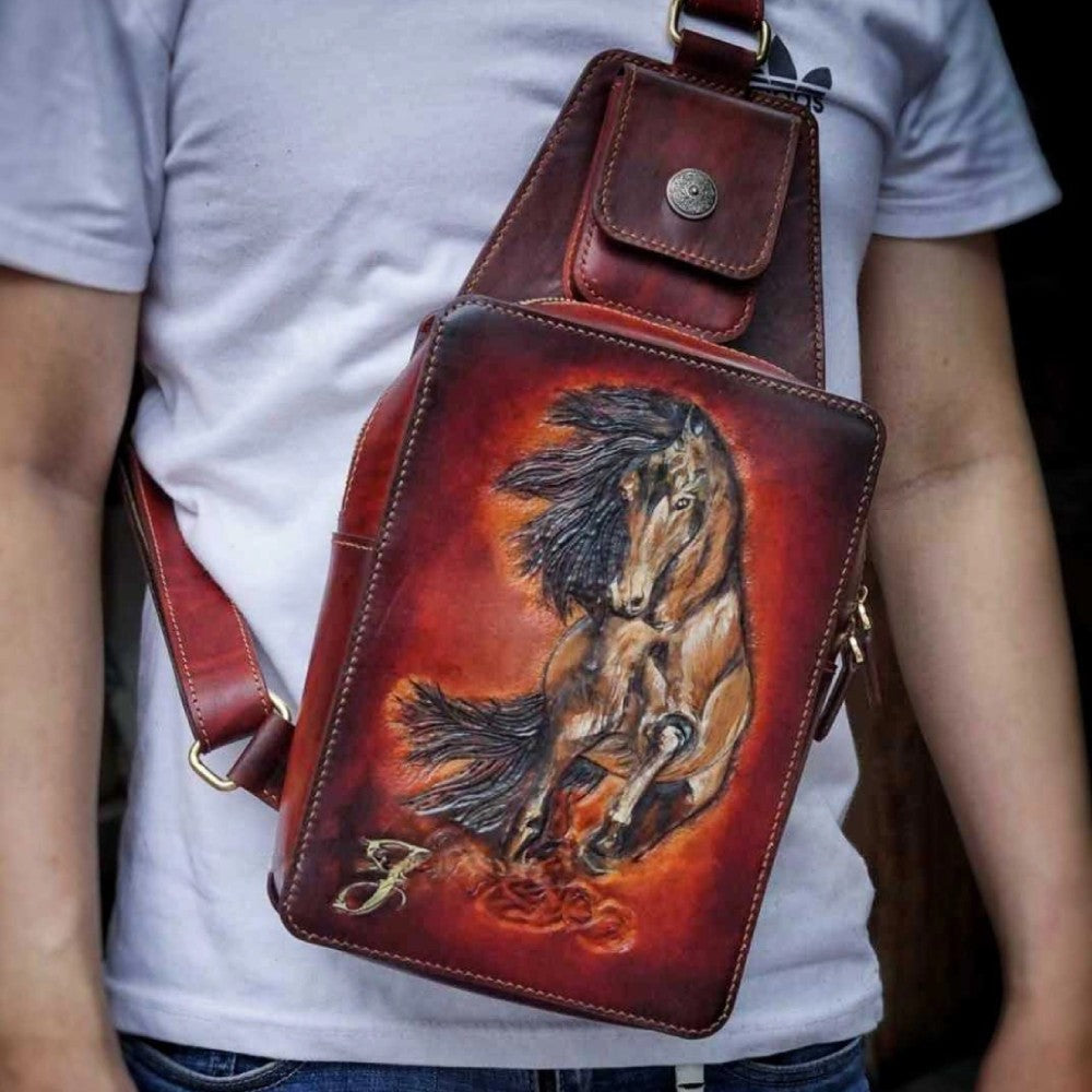 Hand-Carved Leather Sling Bag - Skull & Floral Engraving