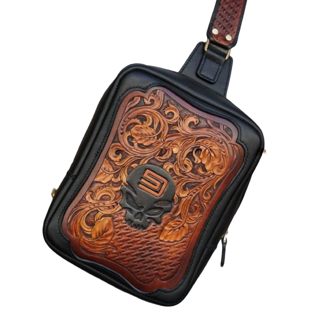 Hand-Carved Leather Sling Bag - Skull & Floral Engraving
