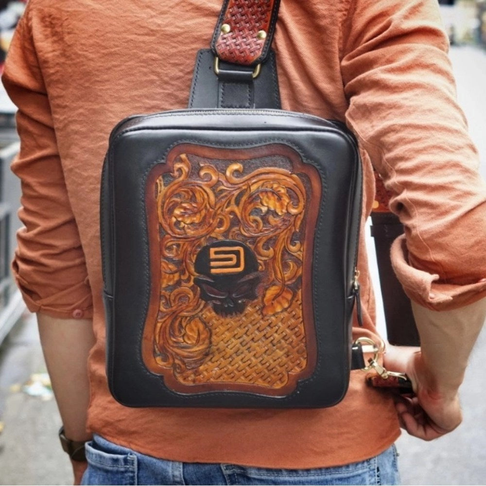Hand-Carved Leather Sling Bag - Skull & Floral Engraving