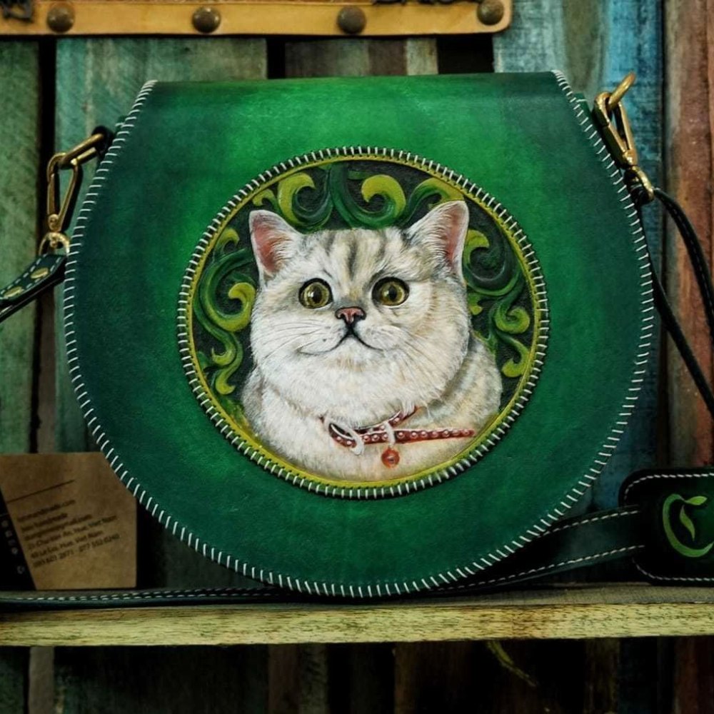Hand-Painted Green Leather Crossbody Bag - Cat Design