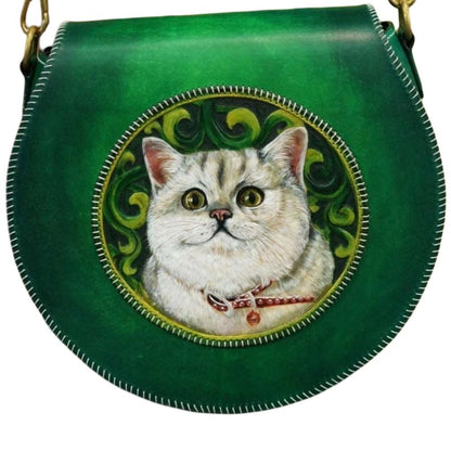 Hand-Painted Green Leather Crossbody Bag - Cat Design