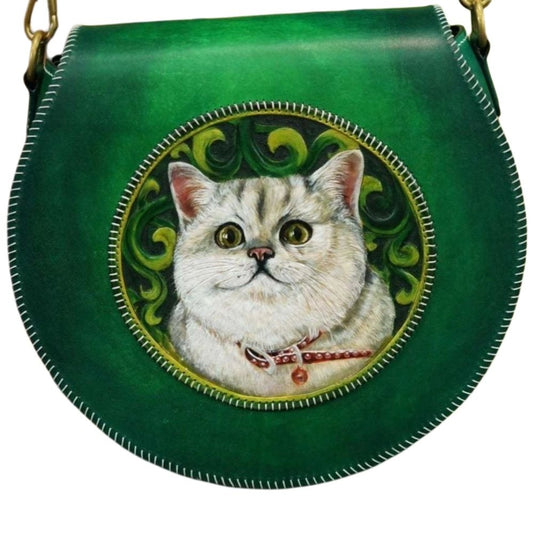 Hand-Painted Green Leather Crossbody Bag - Cat Design