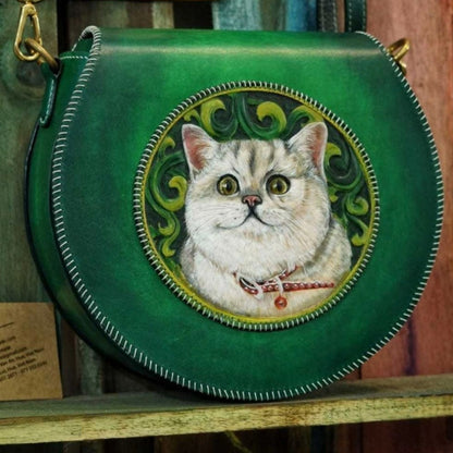 Hand-Painted Green Leather Crossbody Bag - Cat Design