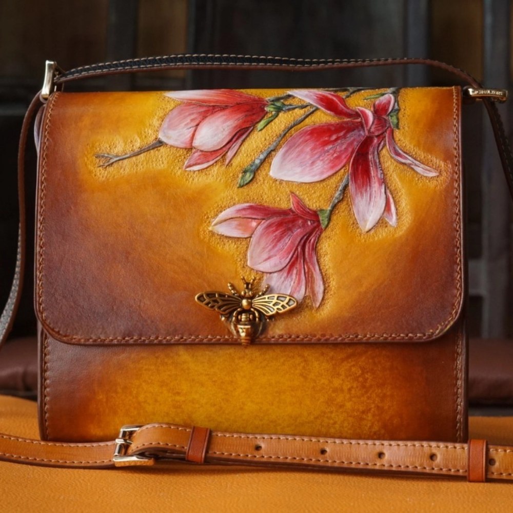 Hand-Painted Leather Shoulder Bag - Floral Elegance with Bee Accent