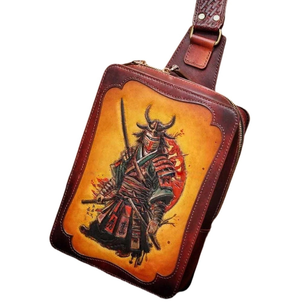 Hand-Painted Leather Sling Bag - Samurai Warrior