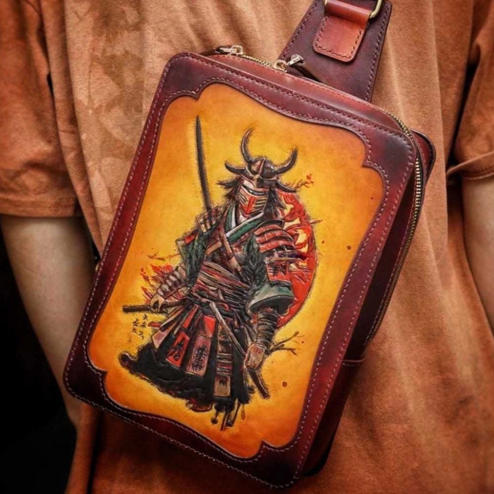 Hand-Painted Leather Sling Bag - Samurai Warrior