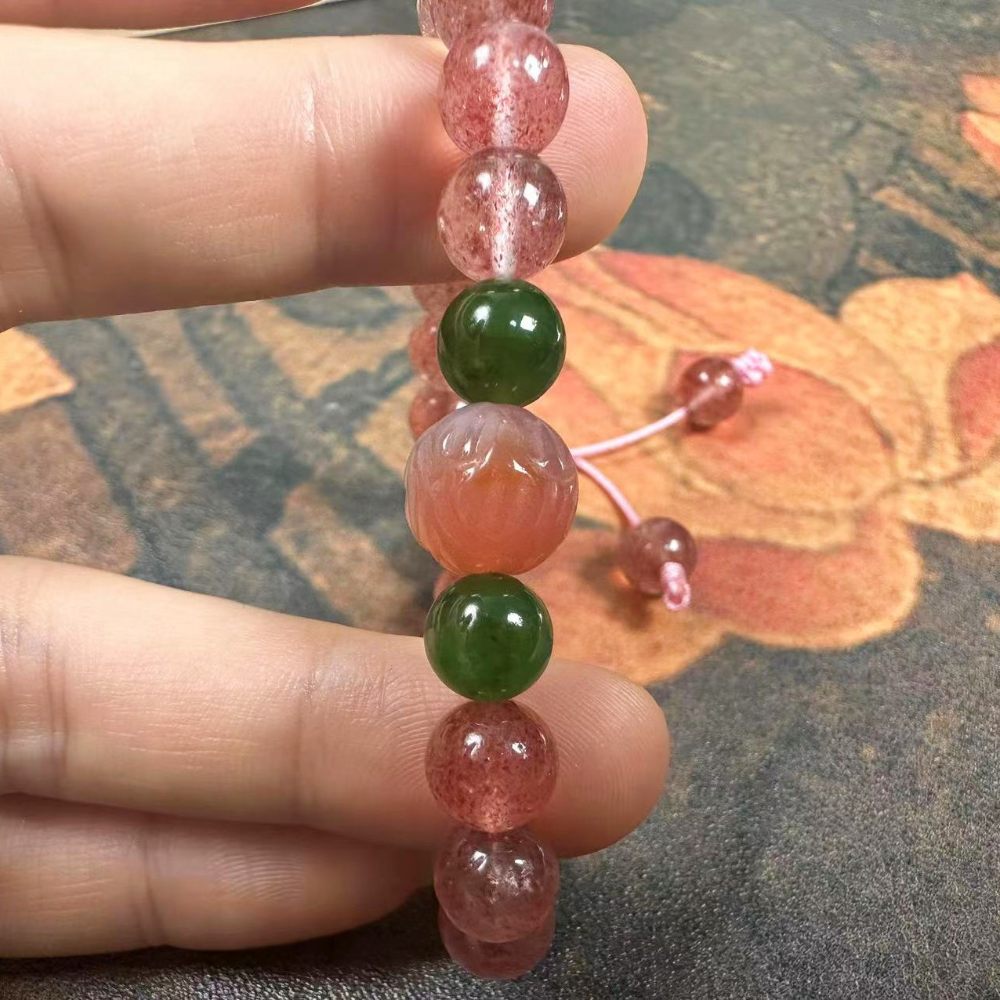 Handmade Natural Strawberry Quartz & Jade Adjustable Bracelet