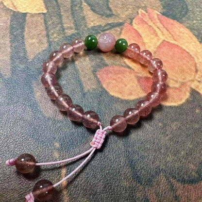 Handmade Natural Strawberry Quartz & Jade Adjustable Bracelet