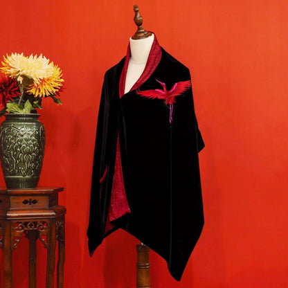 Handmade Velvet Cloak with Embroidered Lotus and Crane
