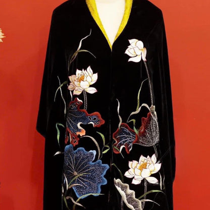 Handmade Velvet Cloak with Embroidered Lotus and Crane