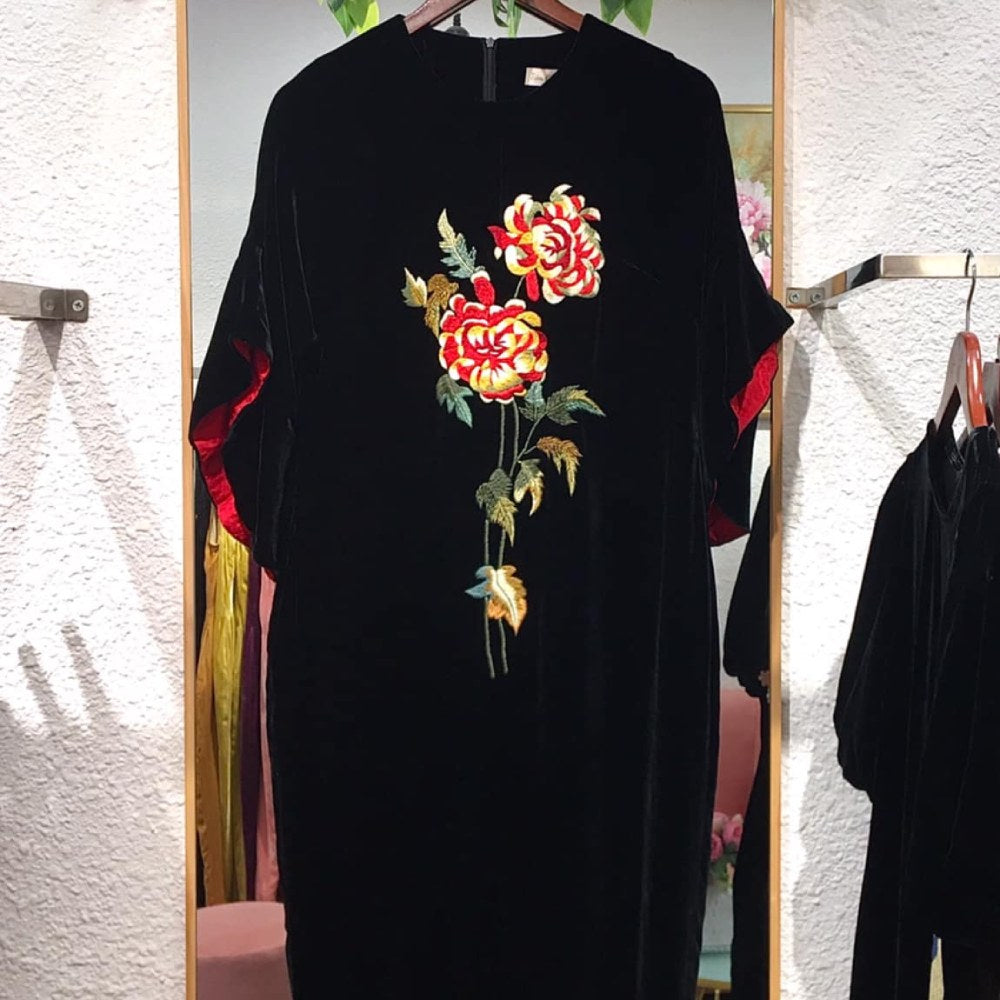 Handmade Velvet Dress with Floral Embroidery