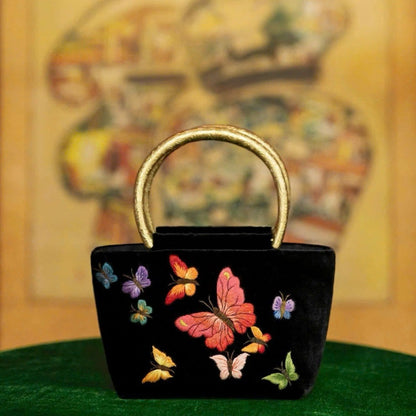 Handmade Velvet Handbag with Embroidered Butterflies and Blossoms