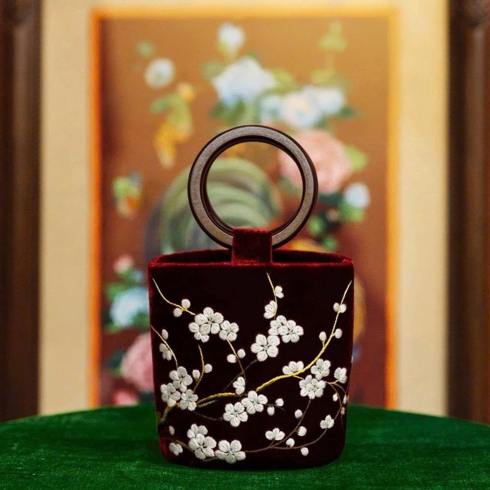 Handmade Velvet Handbag with Embroidered Butterflies and Blossoms