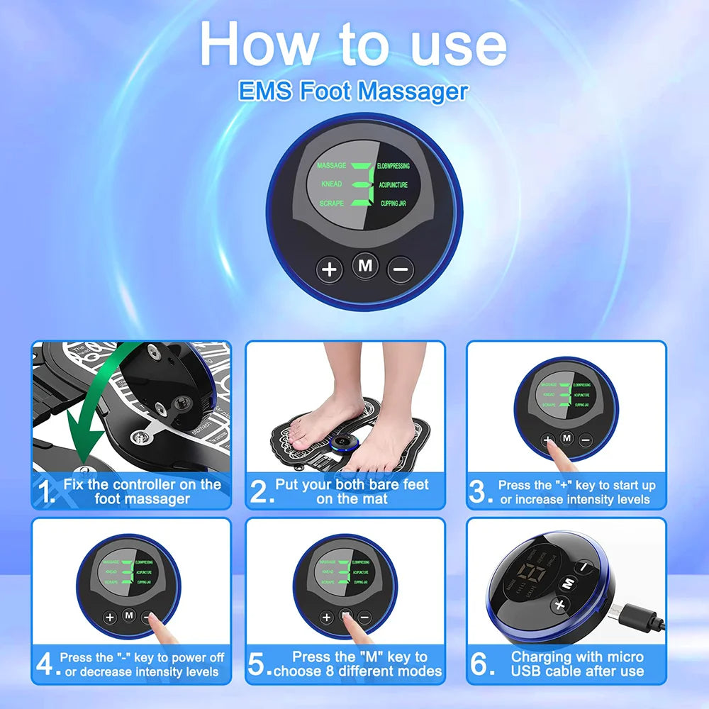 6 Modes EMS Foot Massager - Pain Relief, Blood Circulation, 9 Intensity Levels