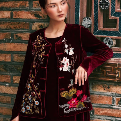 Traditional Velvet Jacket with Hand Embroidered Floral Design