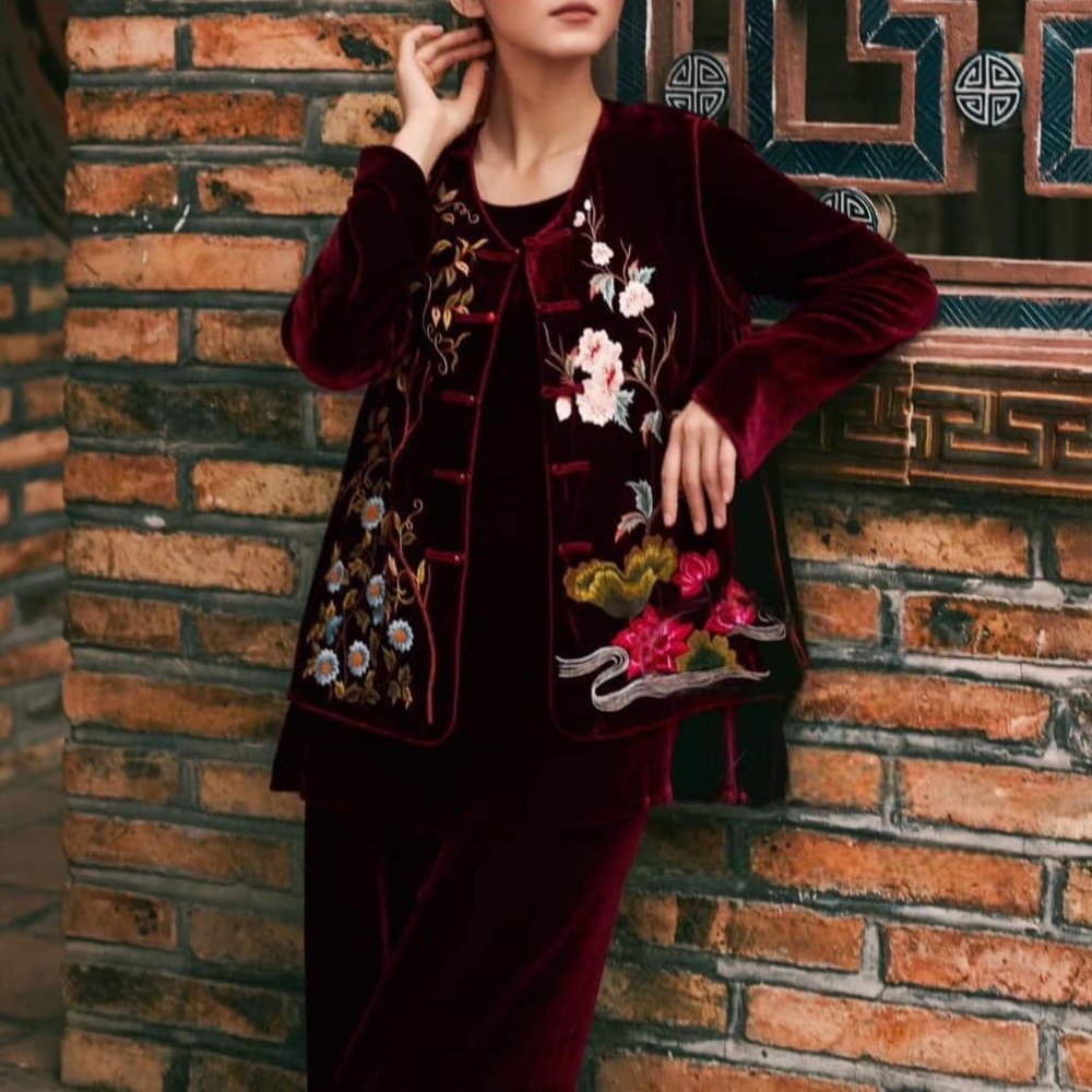 Traditional Velvet Jacket with Hand Embroidered Floral Design