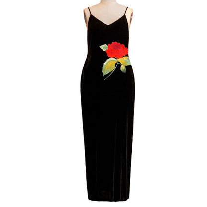 Vintage Velvet Maxi Dress with Embroidered Rose