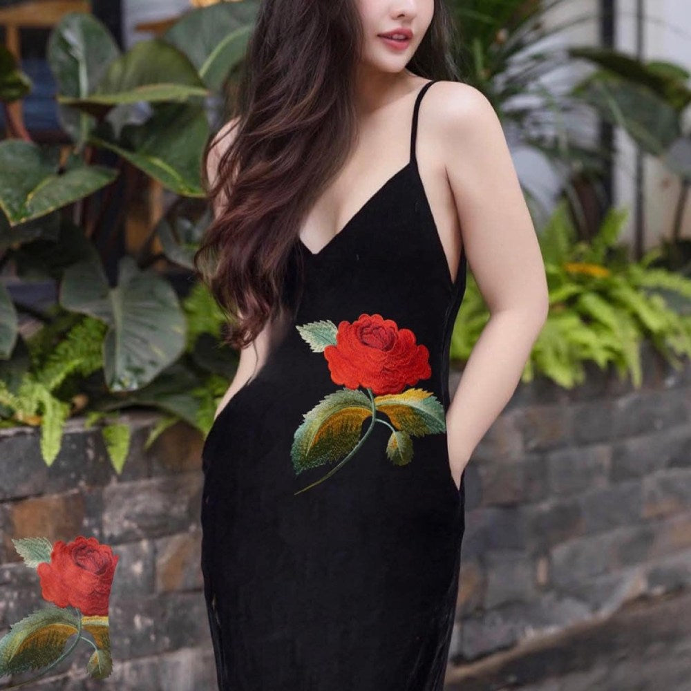Vintage Velvet Maxi Dress with Embroidered Rose