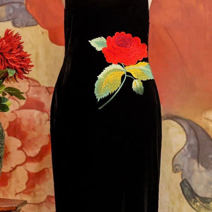 Vintage Velvet Maxi Dress with Embroidered Rose