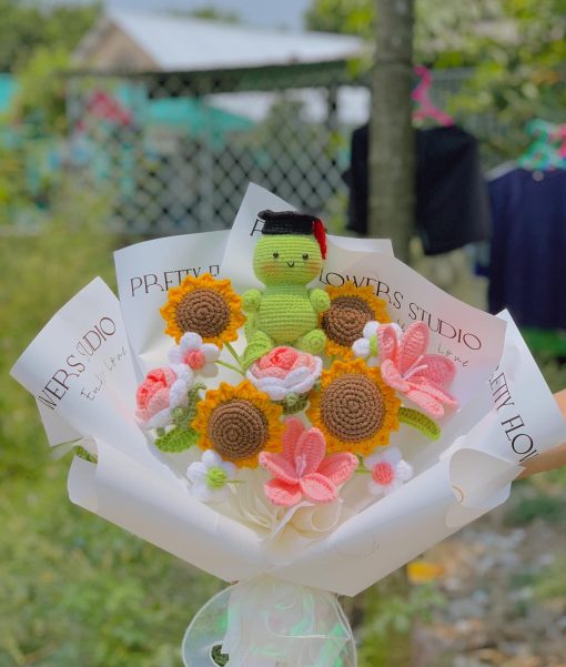 Bouquet Of Crochet Sunflower And Teddy Bear