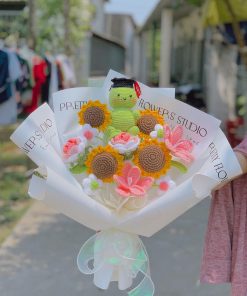 Bouquet Of Crochet Sunflower And Teddy Bear