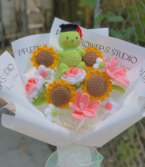 Bouquet Of Crochet Sunflower And Teddy Bear