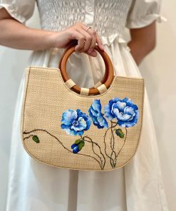 Handmade Woven Straw Bag Adorned With Floral Patterns