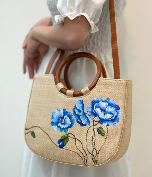 Handmade Woven Straw Bag Adorned With Floral Patterns