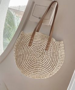Handmade Woven Straw Round Beach Bag For Women