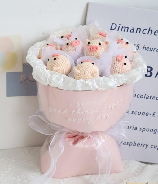 Whimsical Crochet Flower Bouquet Featuring Adorable Pig Designs