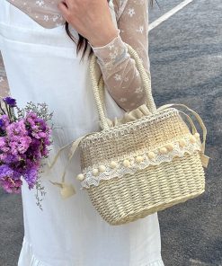 Woven Straw Basket Bag Adorned With Floral Patterns