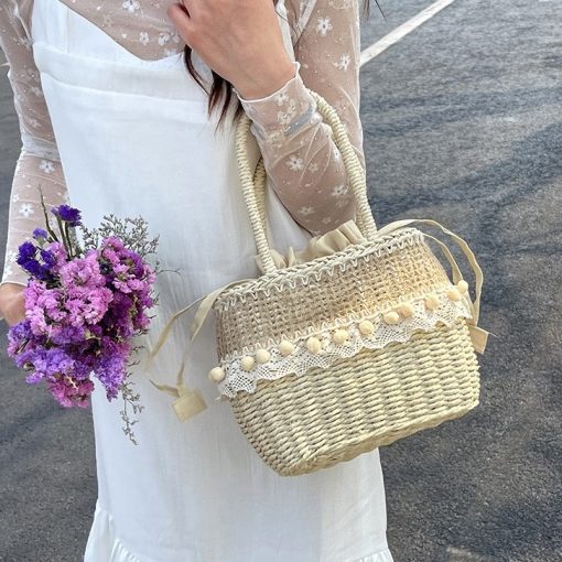 Woven Straw Basket Bag Adorned With Floral Patterns