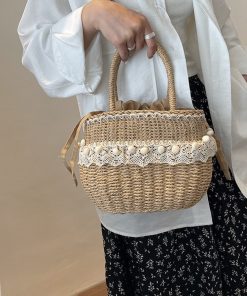 Woven Straw Basket Bag Adorned With Floral Patterns
