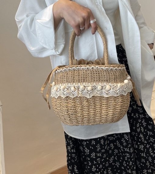 Woven Straw Basket Bag Adorned With Floral Patterns