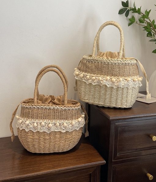 Woven Straw Basket Bag Adorned With Floral Patterns