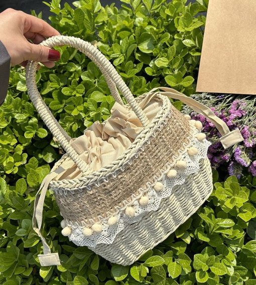 Woven Straw Basket Bag Adorned With Floral Patterns