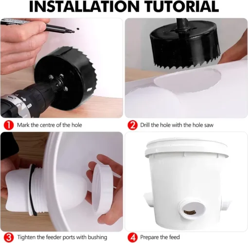 Diy Chicken Feeder, No Waste Chicken Feeder With Rat Stopper Caps With 4 Ports And 1 Hole Saw, Rain Proof And Insect Proof, For Barrels Boxes, Troughs5