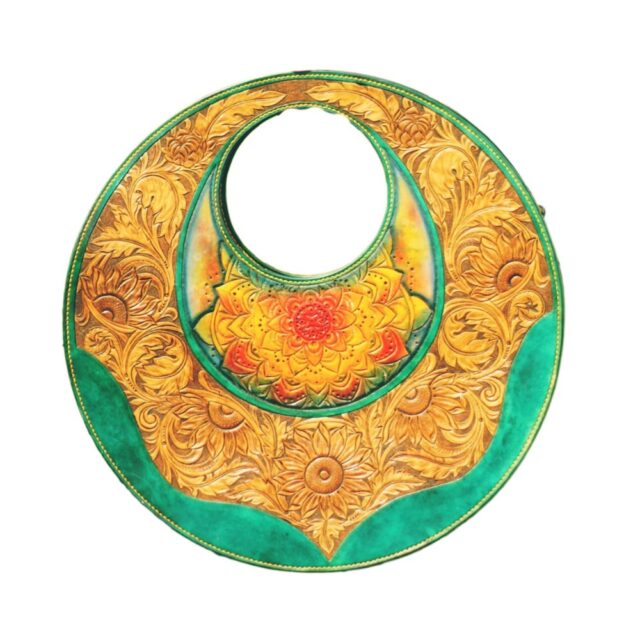 Handcrafted Circular Leather Bag with Floral Carving