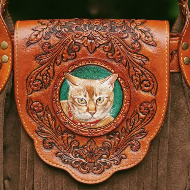 Handcrafted Leather Fringe Bag with Cat Portrait - Image 2